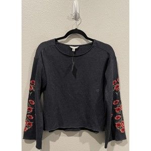 AMERICAN EAGLE Red Floral Embroidered Bell Long Sleeve Sweatshirt